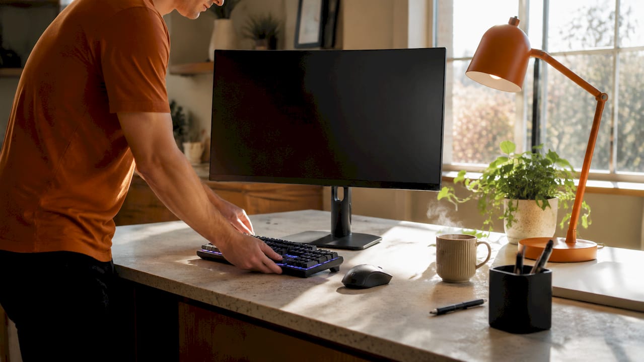 Hands placing peripherals on office desk with lamp