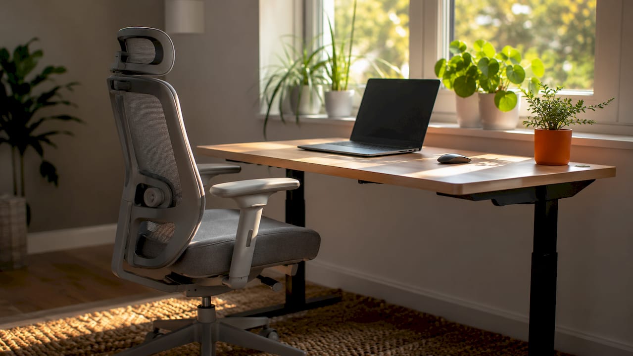 Ergonomic chair and adjustable desk setup