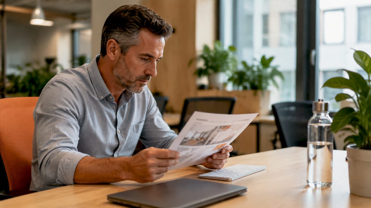 Office manager reviewing bench desk comparison chart