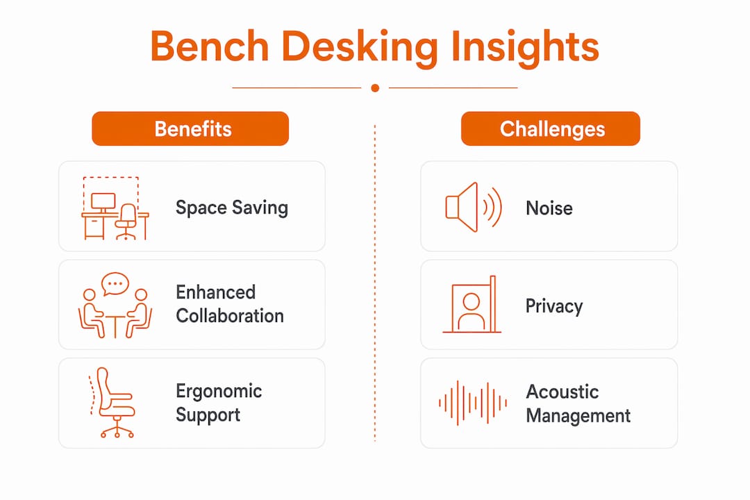 Infographic illustrating bench desking benefits and challenges