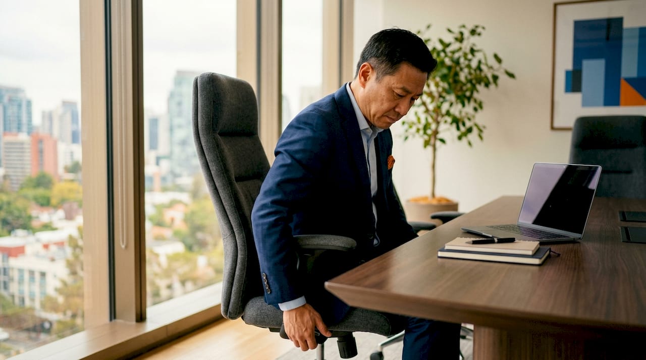 Executive adjusting office chair in boardroom
