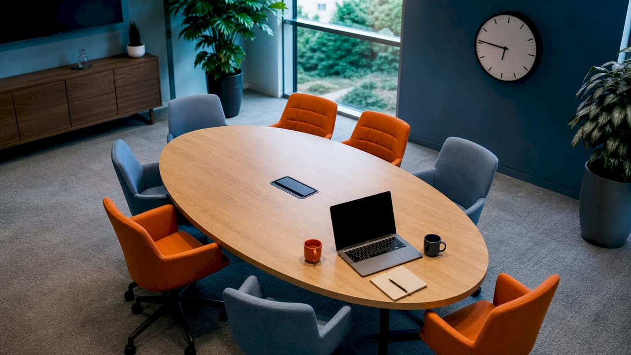 Empty conference room with fixed tables