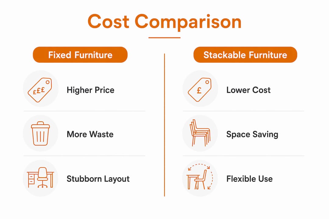 Infographic comparing fixed and stackable furniture costs