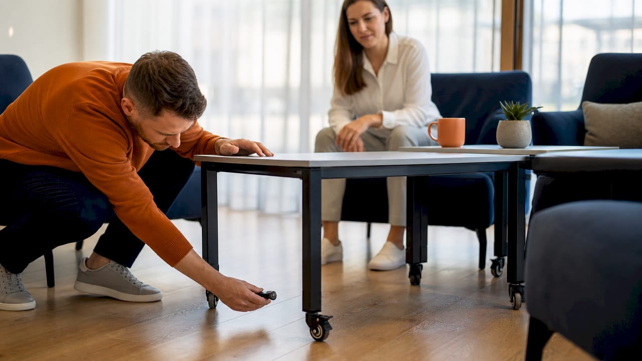 Adjusting modular office table in UK workspace