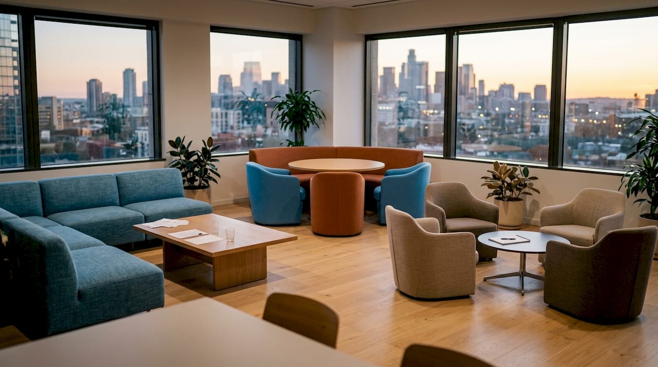 Top view of office lounge furniture groupings