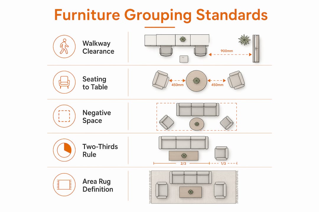 Infographic of furniture grouping spacing standards