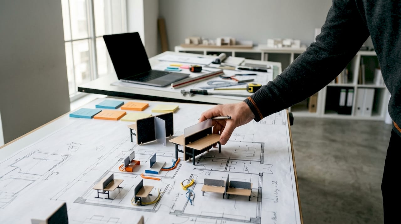 Hands arranging modular desk components on floor plan