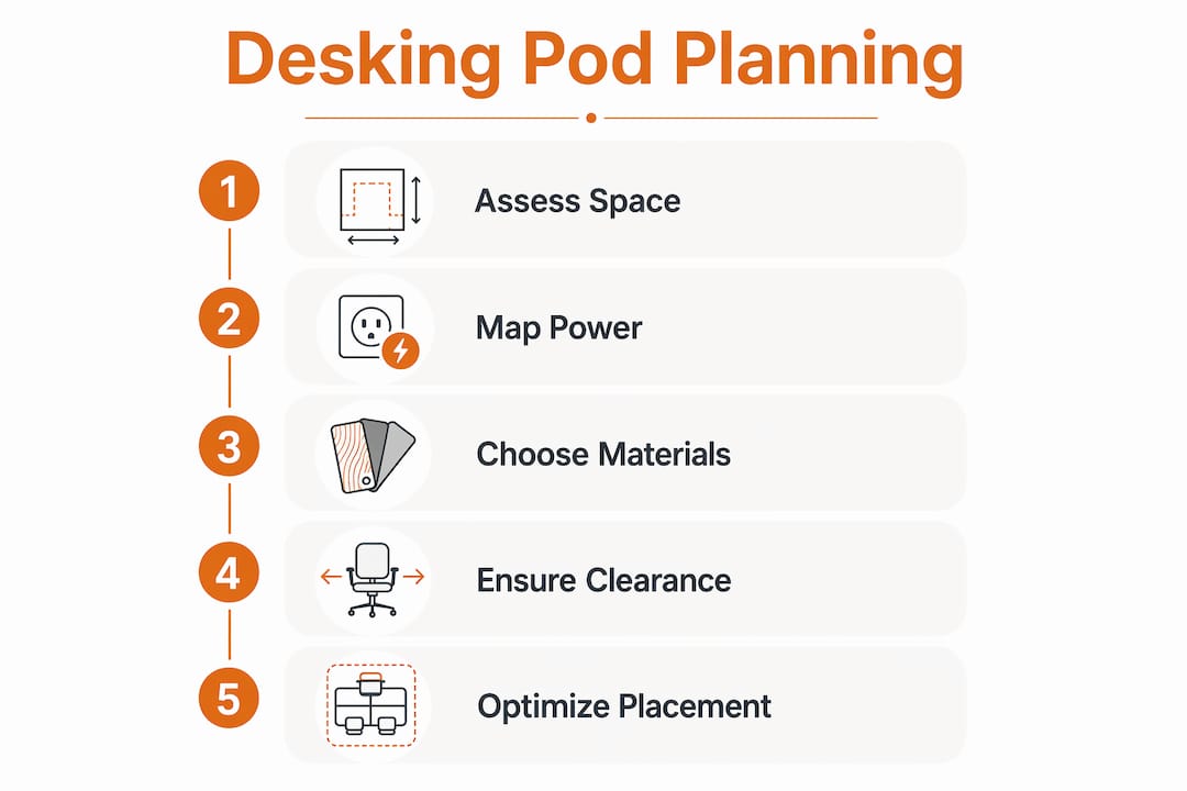 Infographic illustrating key steps in planning a desking pod workspace