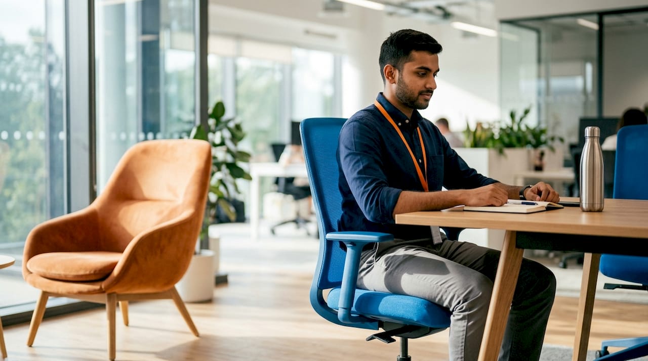Side view of man on ergonomic hard chair next to soft seating