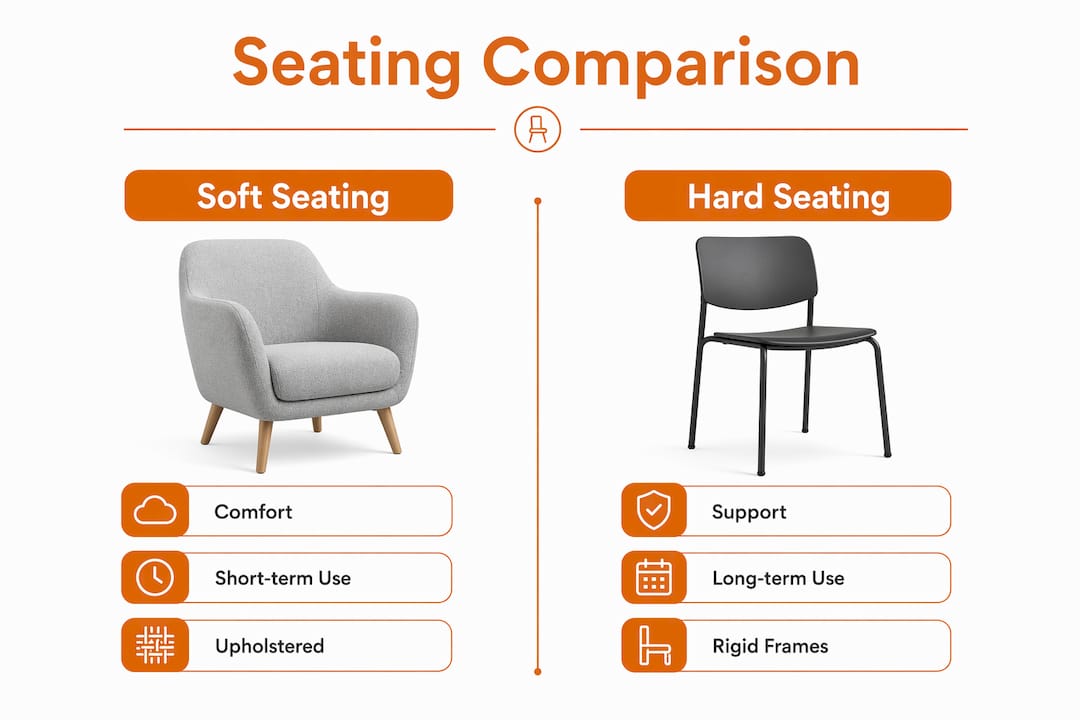 Infographic comparing soft seating vs hard seating attributes