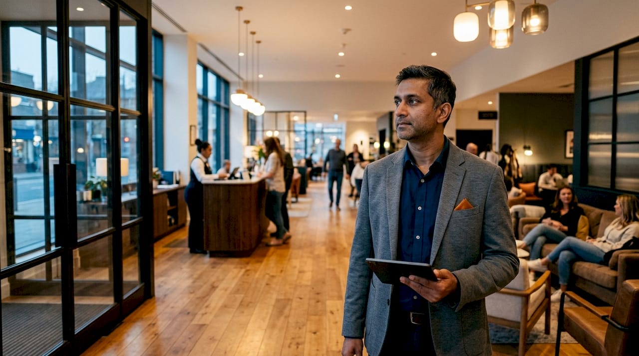 Manager evaluating hospitality space zoning and circulation
