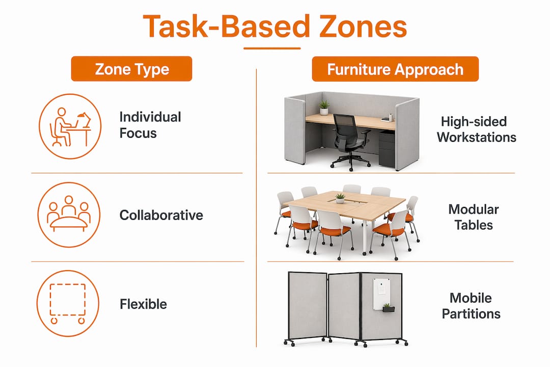Infographic illustrating task-based zone types and furniture