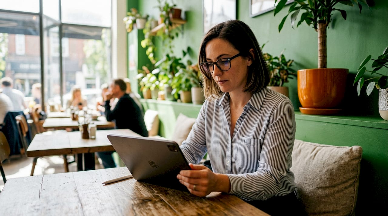 Facilities analyst using tablet in open office