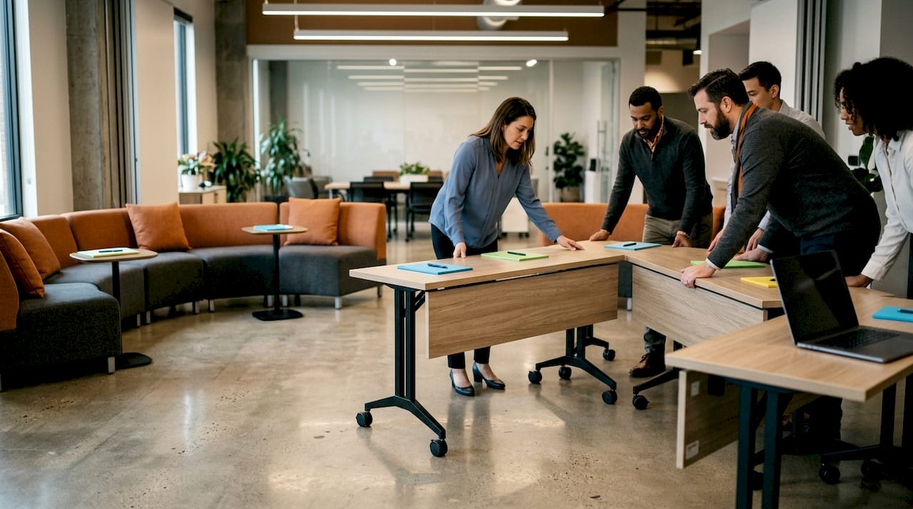 Top-down view of office furniture being rearranged dynamically