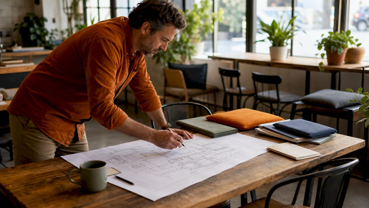 Manager planning cafe seating layout with sketches