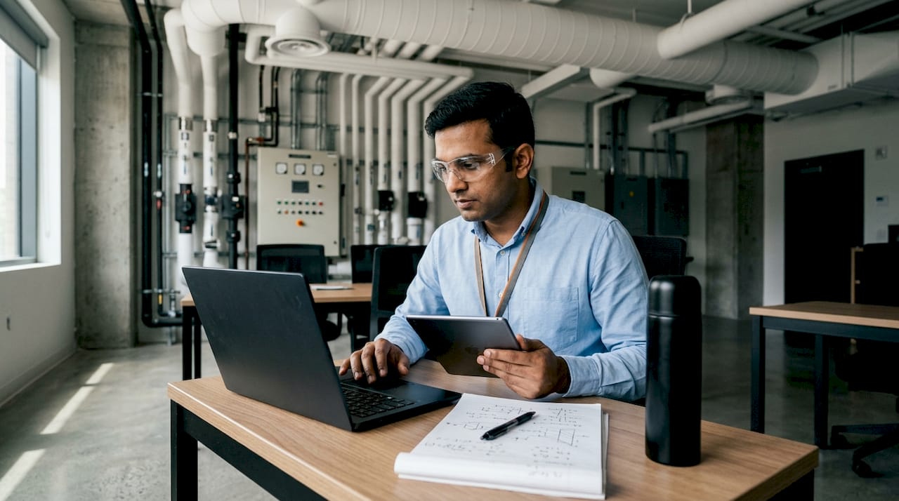 Engineer monitoring HVAC system in grade A office