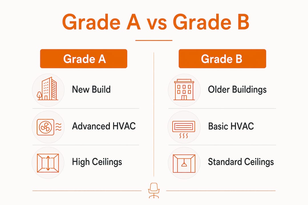 Infographic comparing Grade A and Grade B office standards