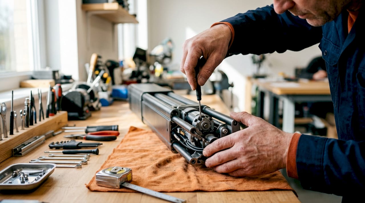 Close-up hands working on telescopic desk mechanism