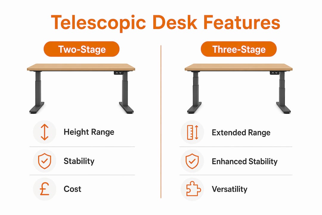 Infographic comparing two-stage and three-stage telescopic desks