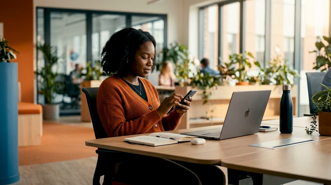 Woman using mobile device in hybrid office pod
