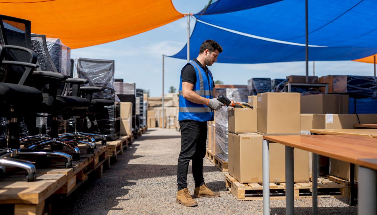 Warehouse worker scanning bulk office furniture boxes