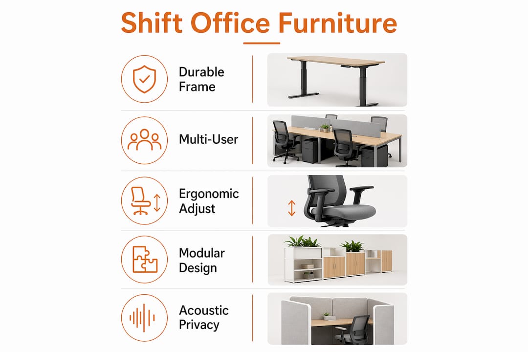 Infographic showing key furniture features for shift offices