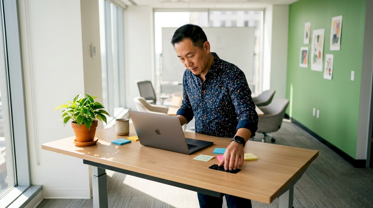 Man adjusting height-adjustable desk in meeting room