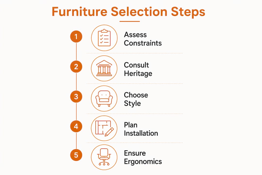 Infographic illustrating furniture selection steps in listed buildings