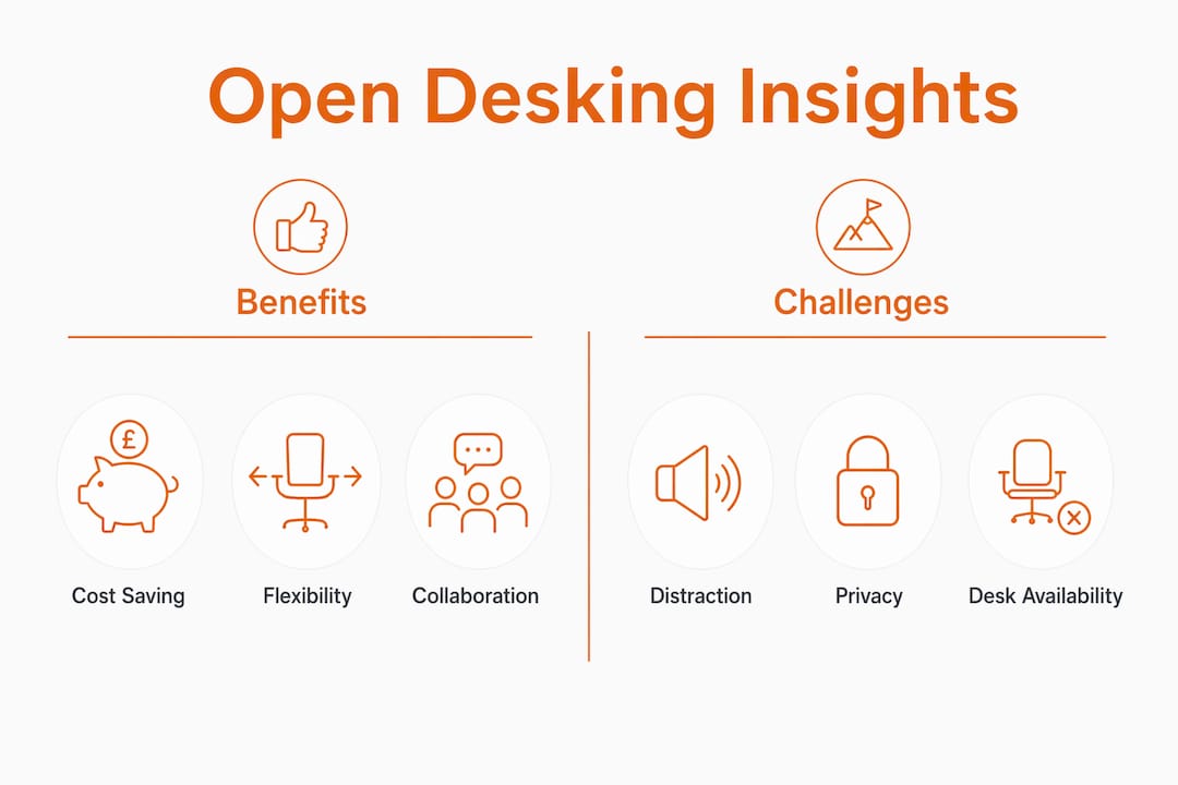 Infographic comparing benefits and challenges of open desking