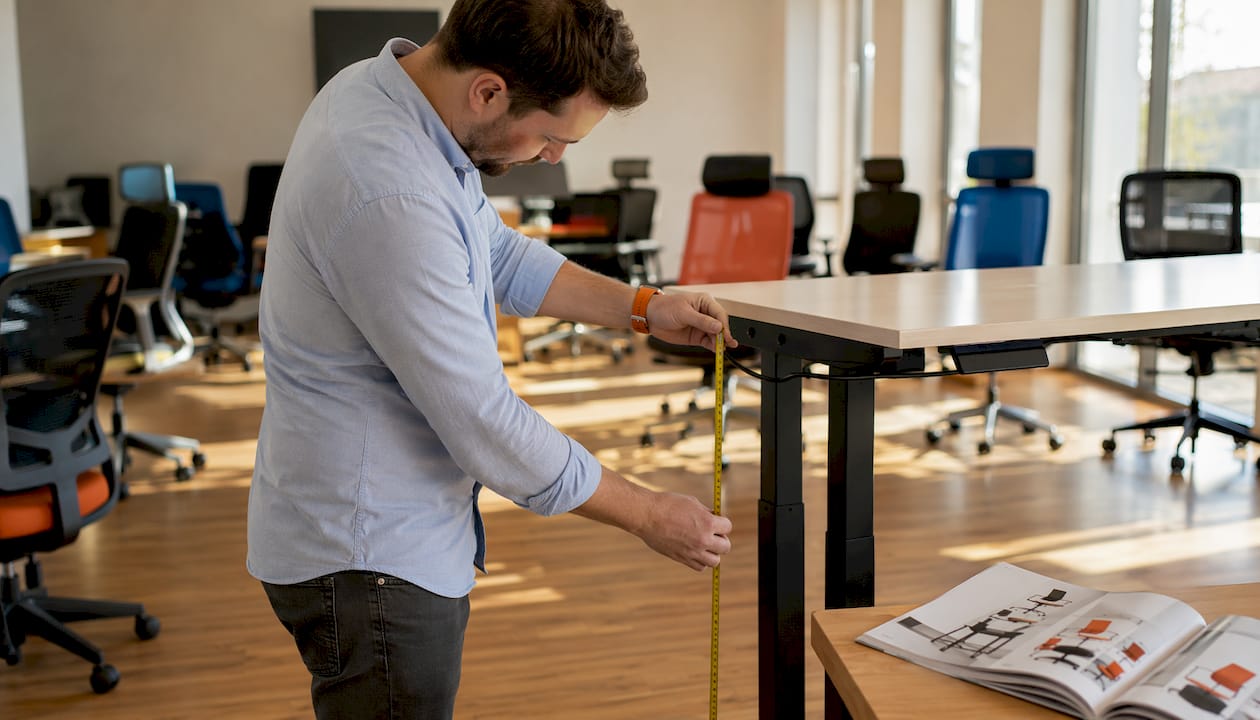 Hands measuring ergonomic desk in showroom