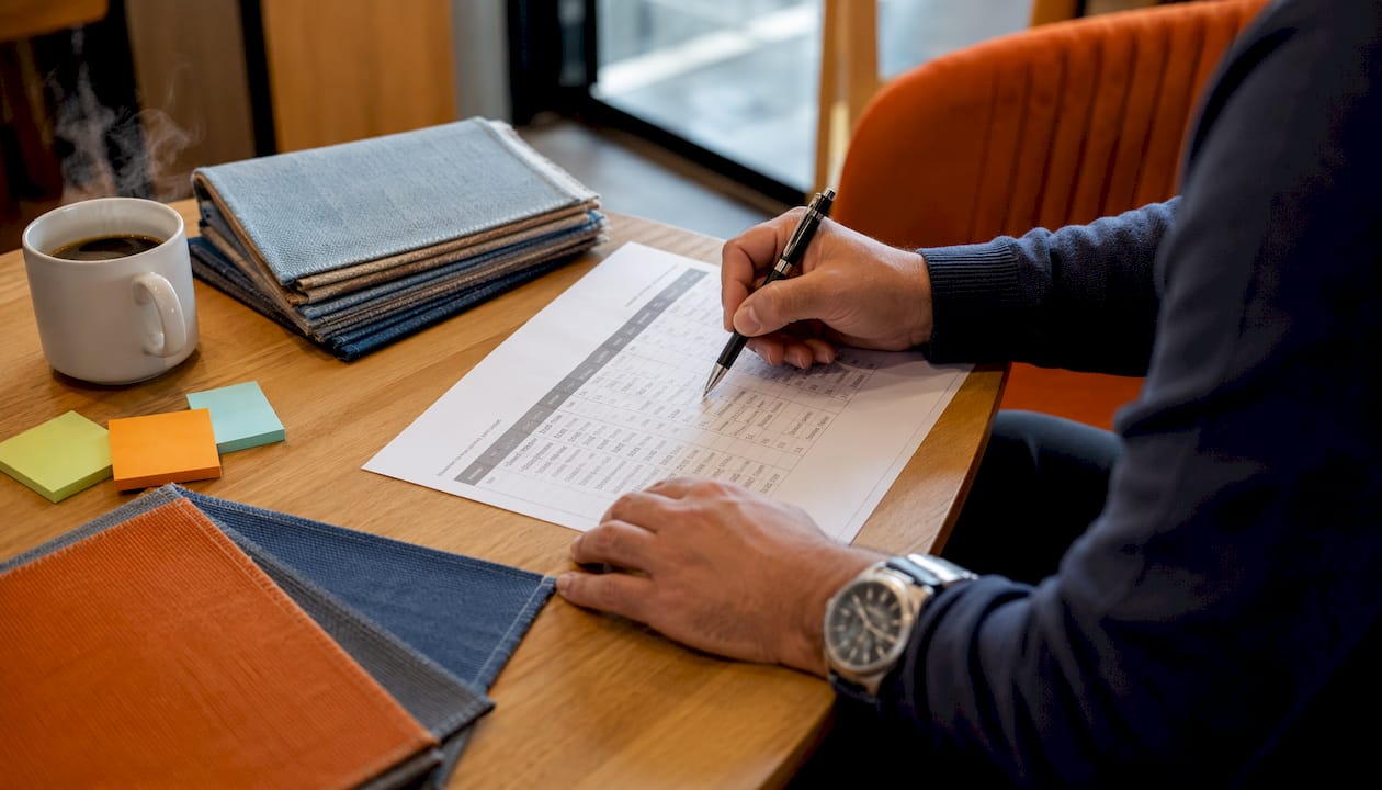 Hands pointing at office furniture pricing spreadsheet