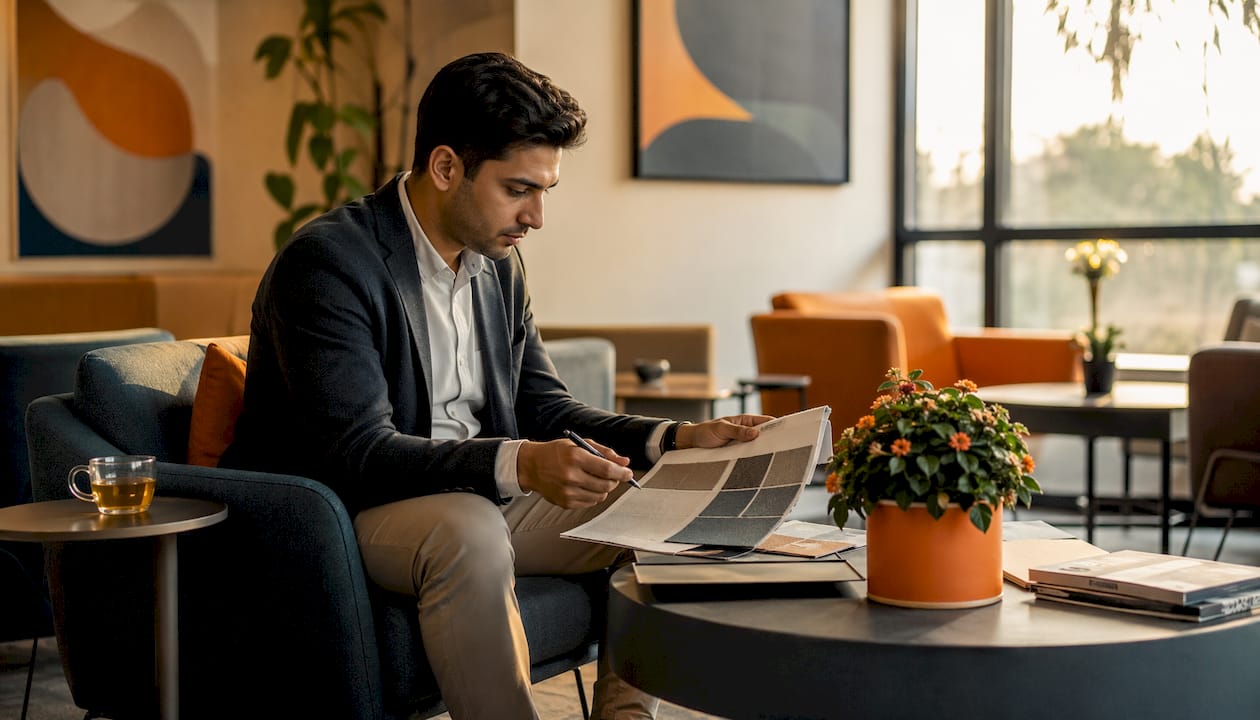 Person reviewing fabric panels in client lounge