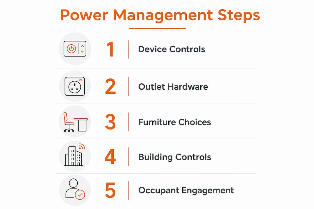 Infographic illustrating office power management steps