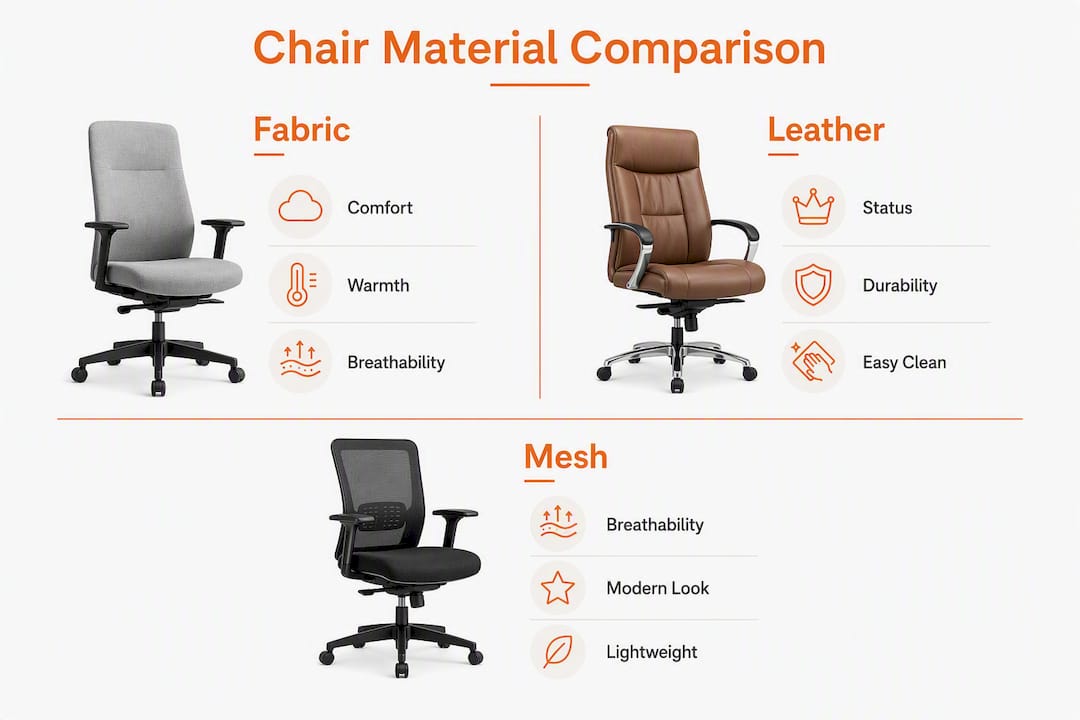 Infographic comparing fabric, leather, and mesh chairs
