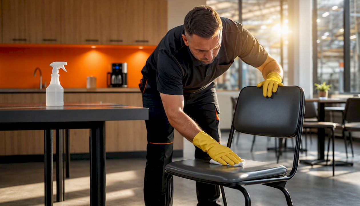 Hands cleaning vinyl chair surface in break room