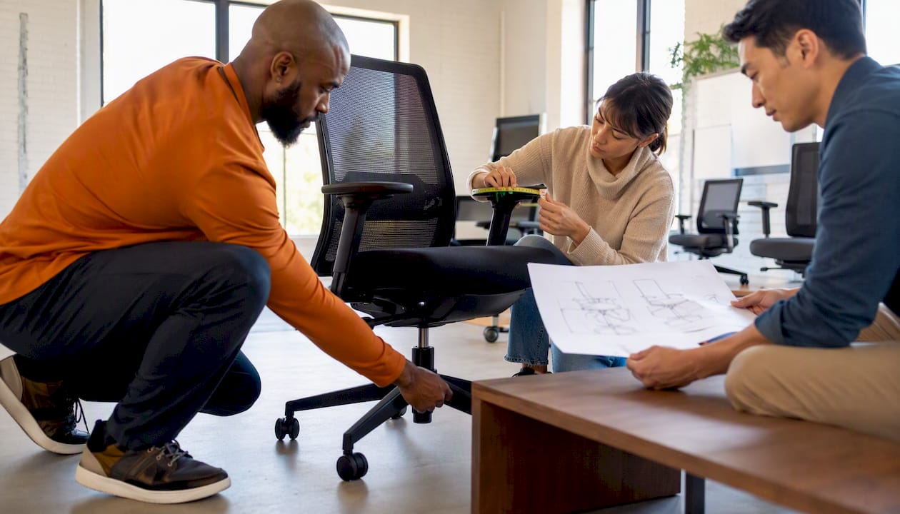 Employees measuring office chair dimensions together