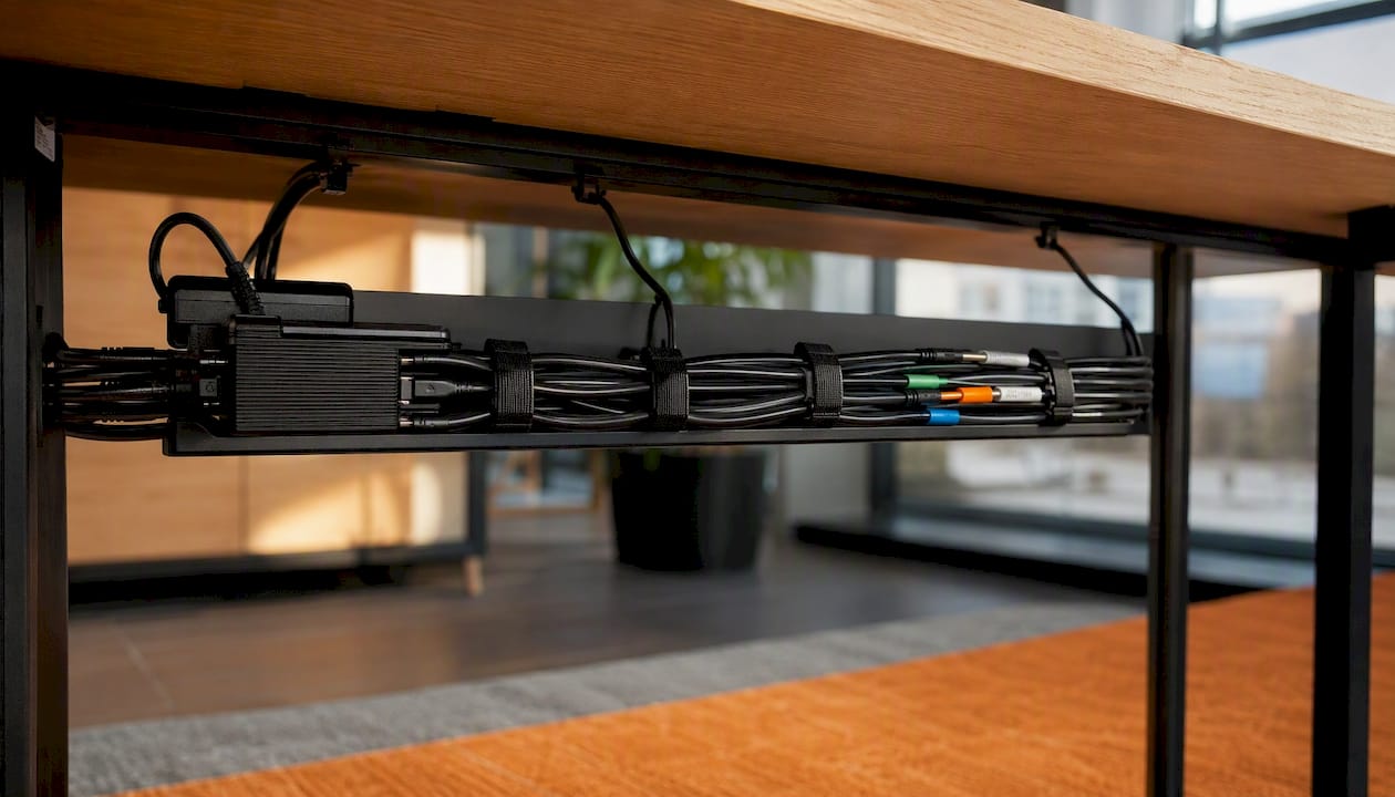 Under-table cable management with velcro ties and trays