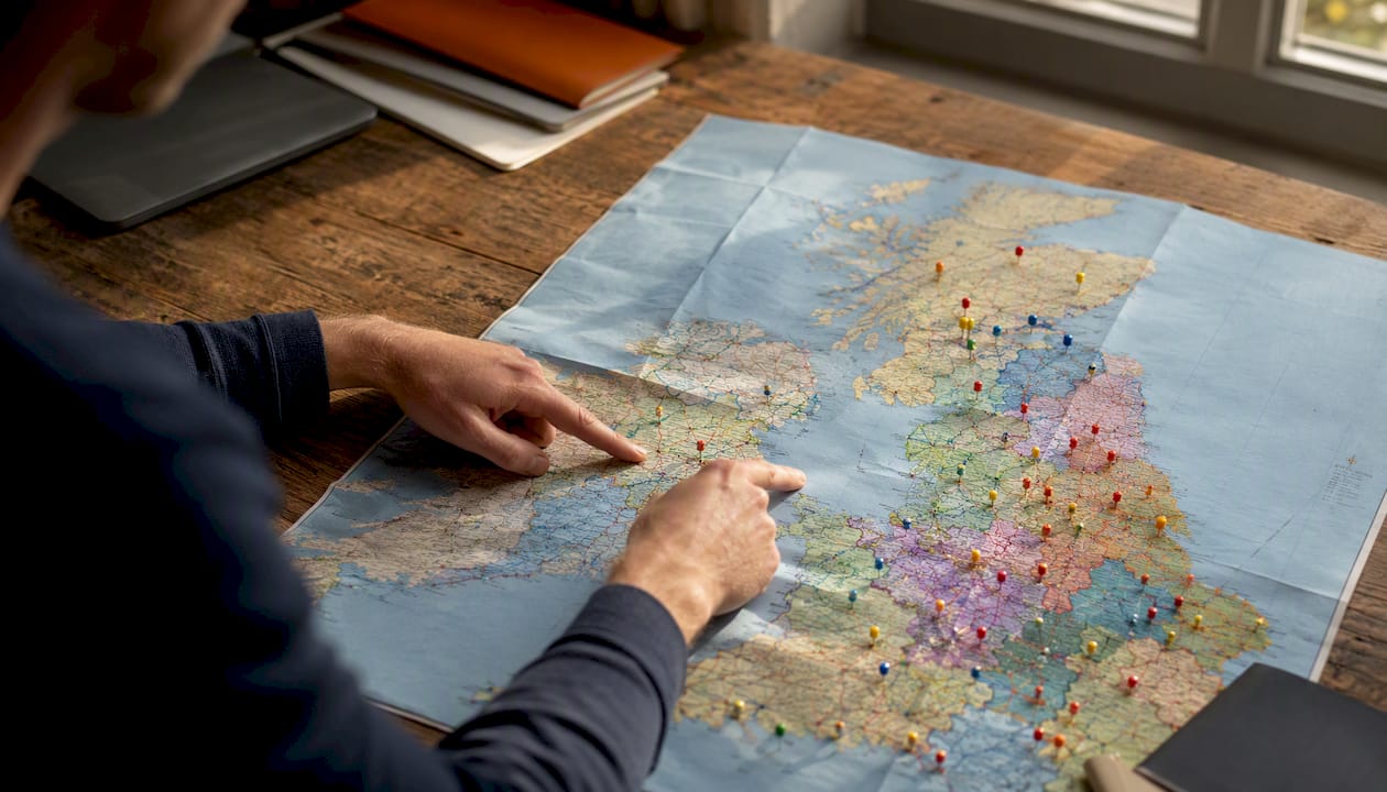 UK map with postal zone markers for delivery
