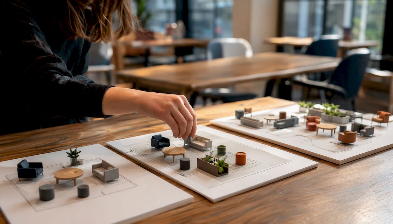 Overhead view of breakout area layout models