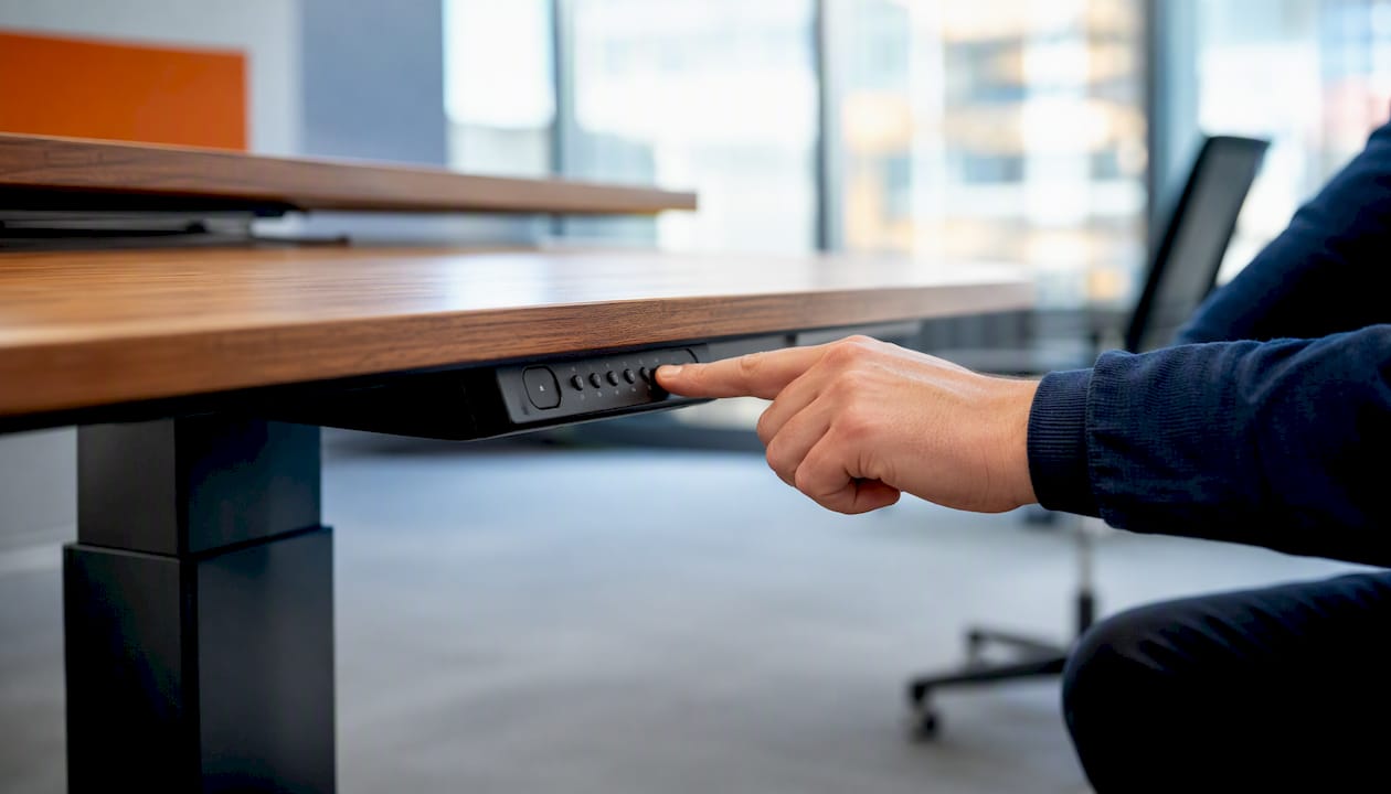 Hand pressing height-adjustable desk controls
