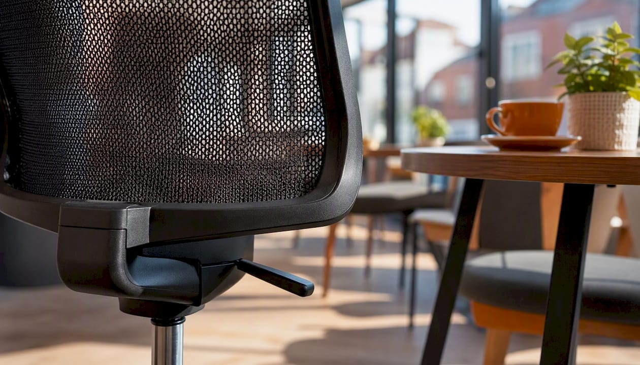 Close-up of budget office chair adjustment and fabric