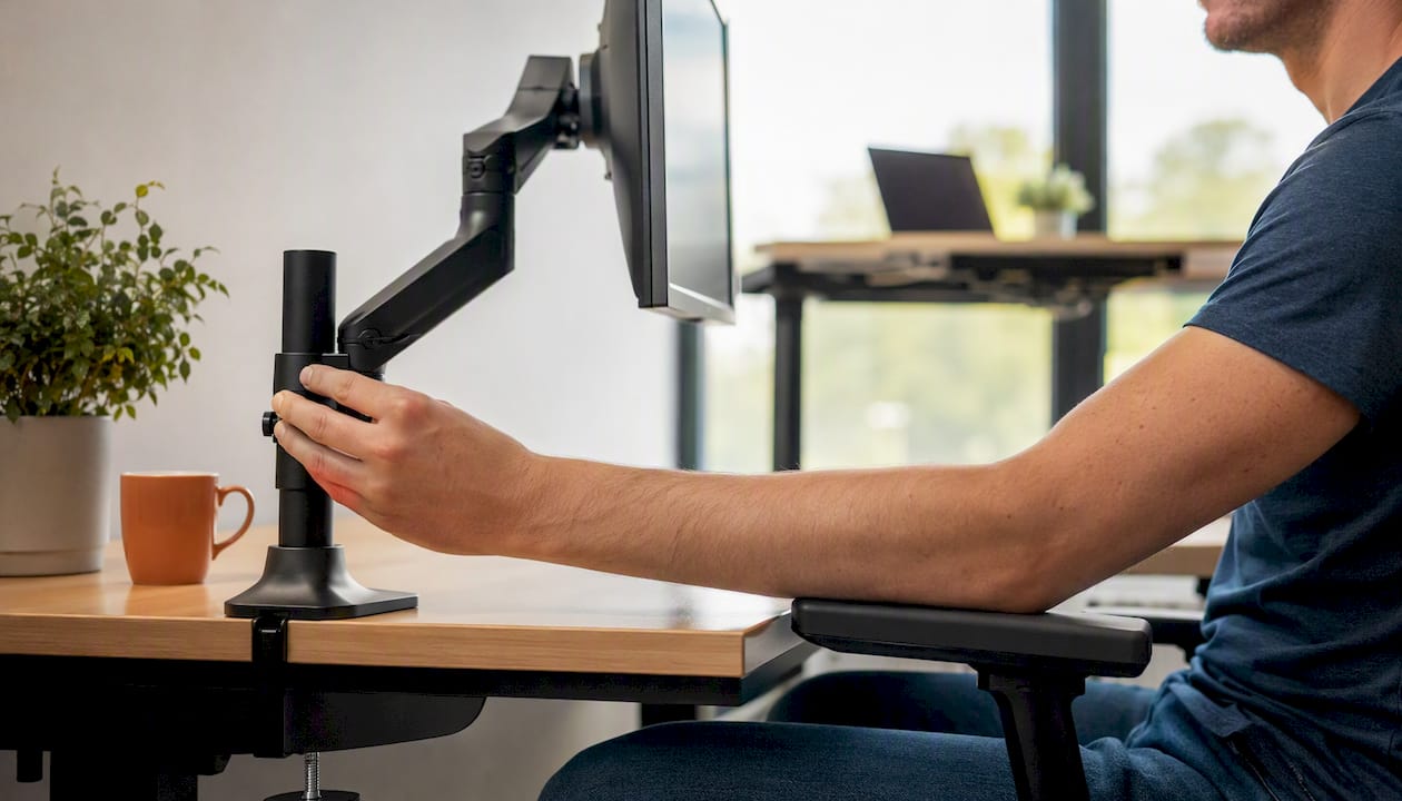 Hand adjusting monitor arm at desk