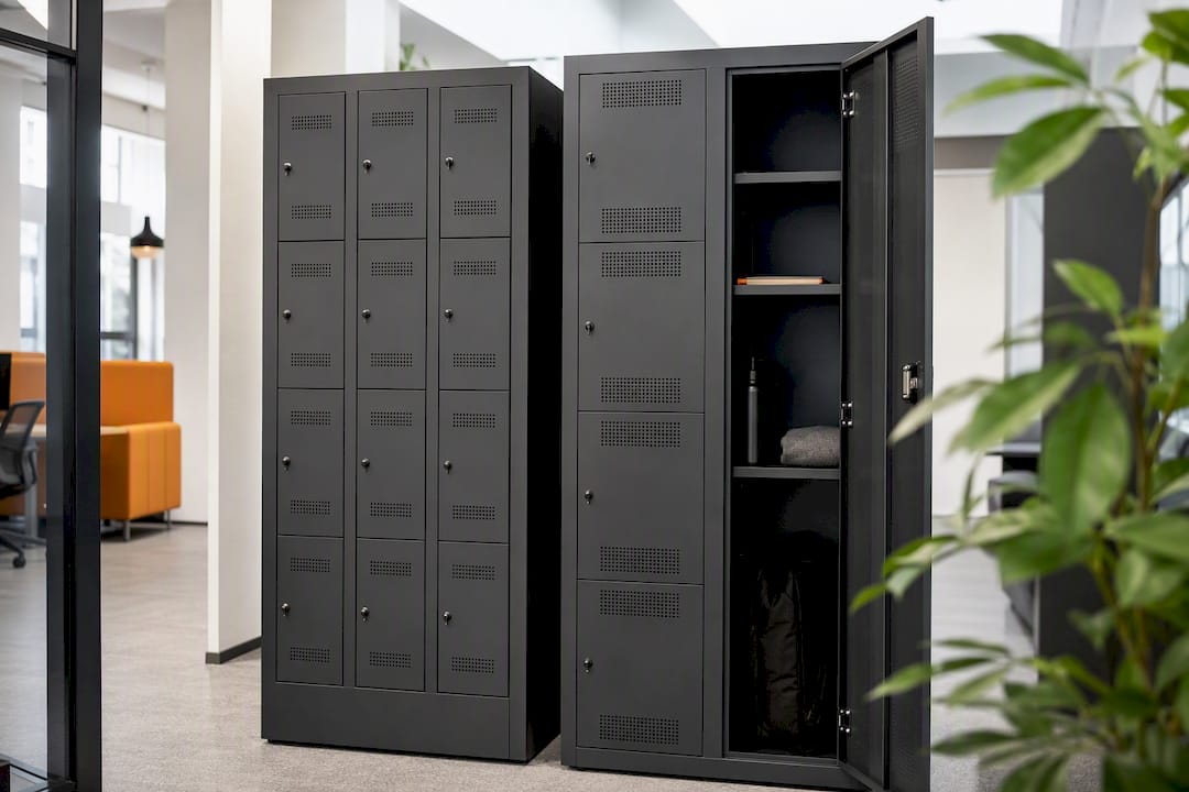 Office locker banks showing different compartment sizes