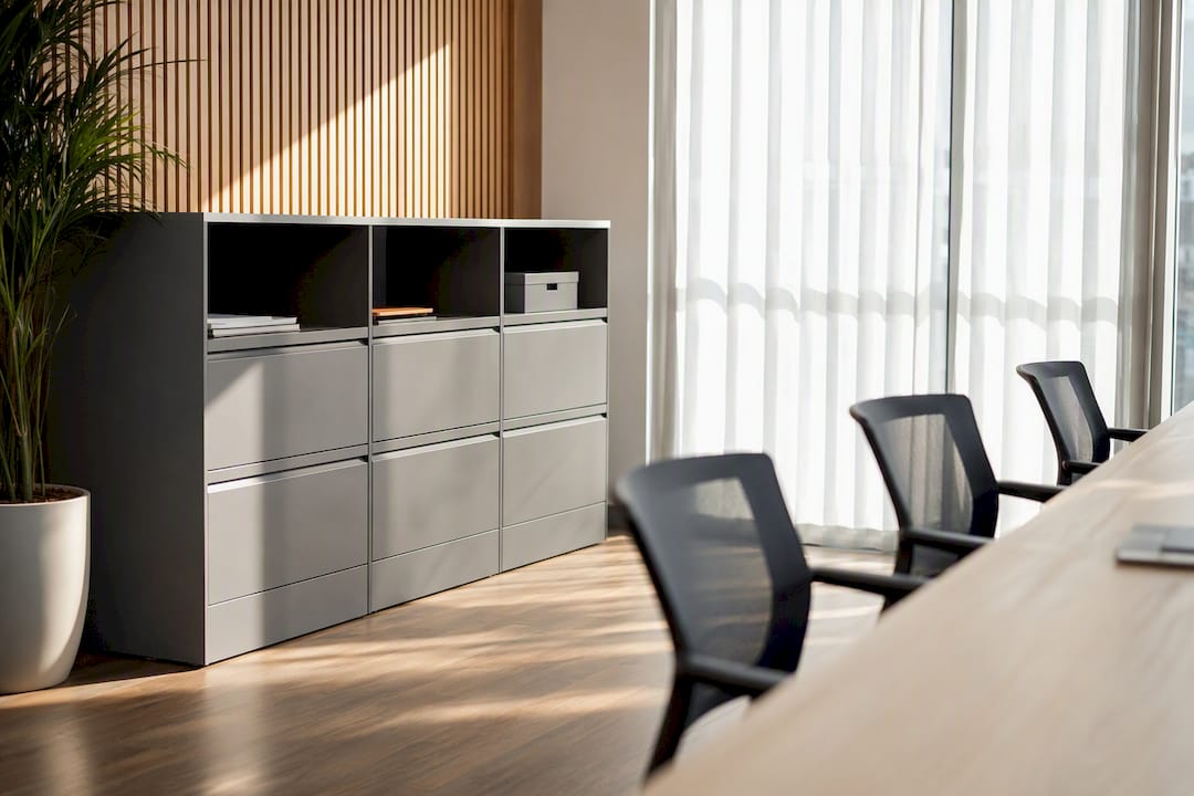Freestanding filing cabinets and meeting table corner