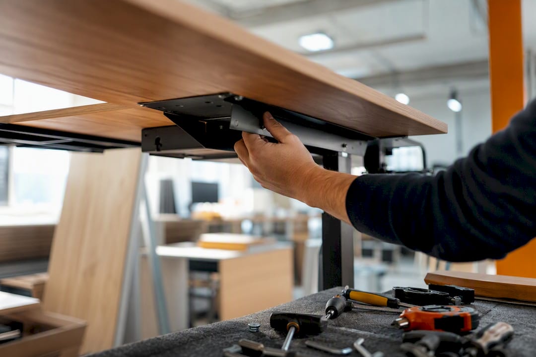 Hand assembling bespoke office desk bracket