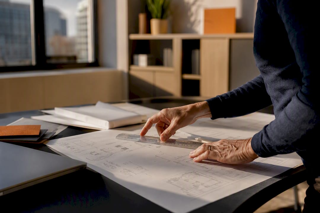 Workspace with office furniture planning layout and hand