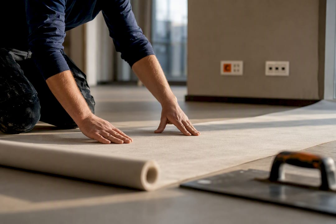 Hands fitting floor protection in office