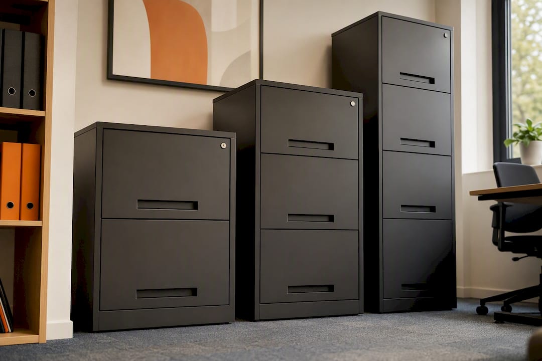 Three filing cabinet sizes side by side