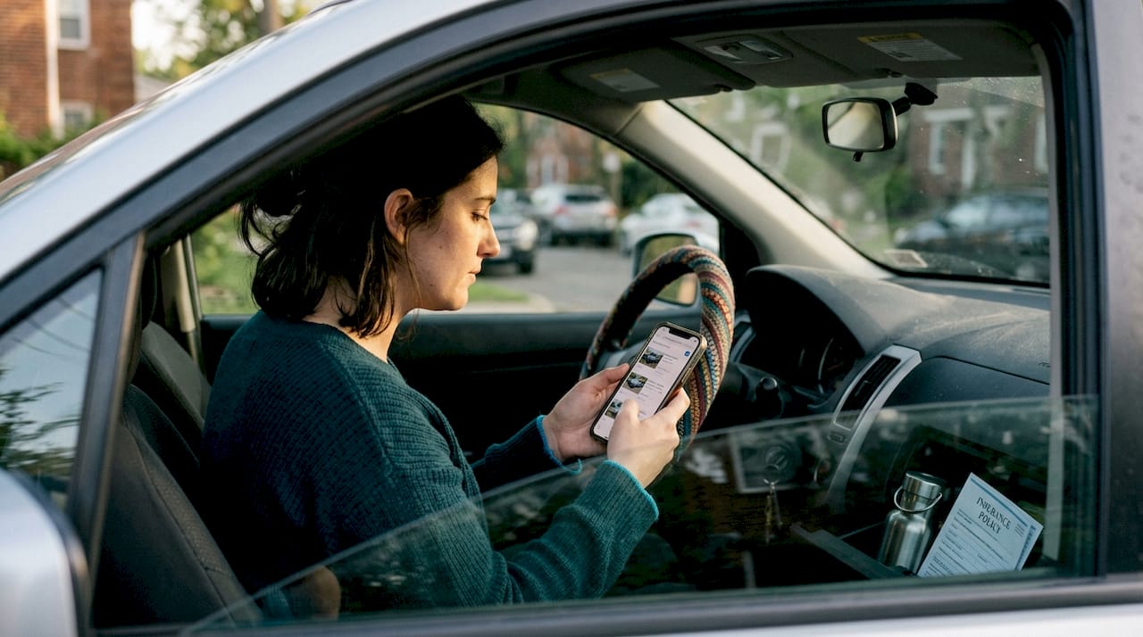 Woman browsing car listings in her parked car