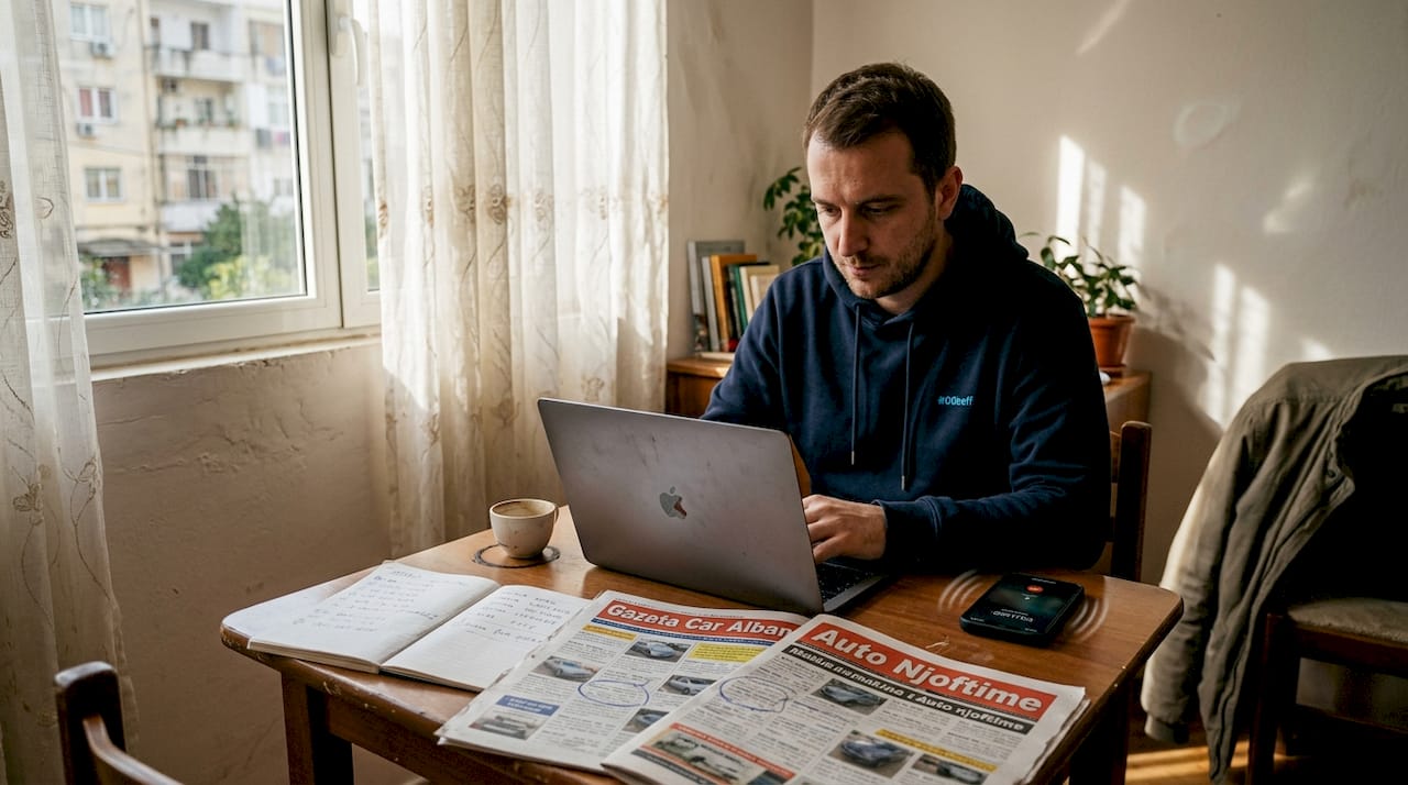 Man searching for cars on laptop at home dining table